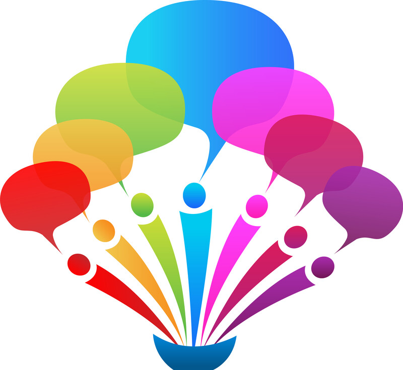 Logo of colorful people with blank speech bubbles above their heads. 
