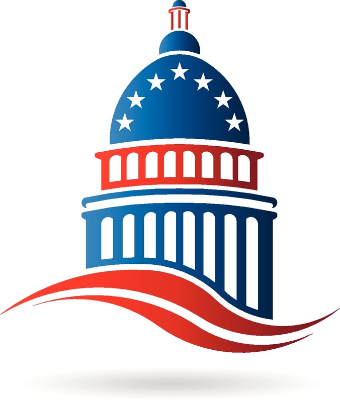 Red and blue drawing of a capitol dome with white stars.